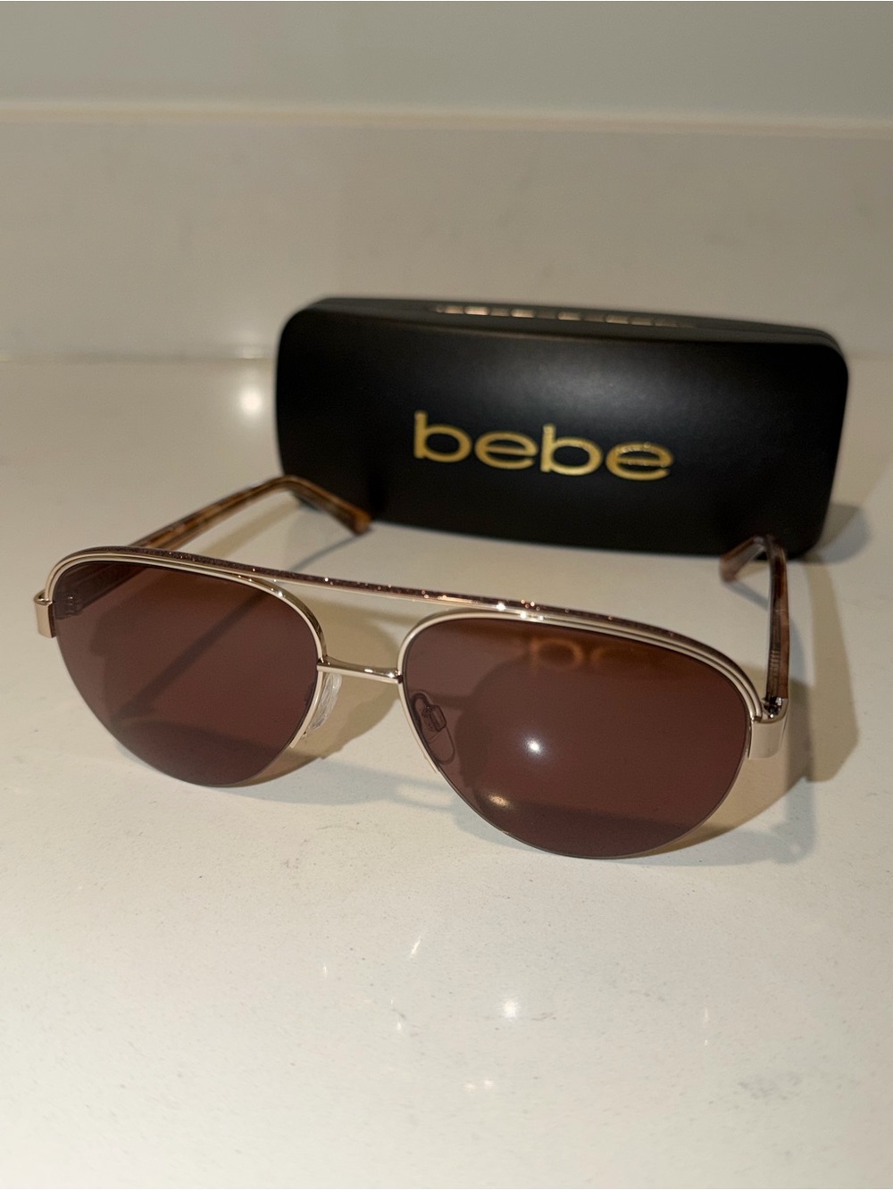 bebe Gold Glitter Aviator Sunglasses with Brown Lens